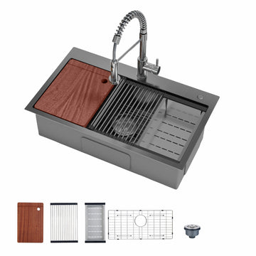 Garvee Drop In Kitchen Sink With Pull Down Spring Faucet, 76×46×23 cm Stainless Steel Single Bowl Workstation Sink, Nano Black