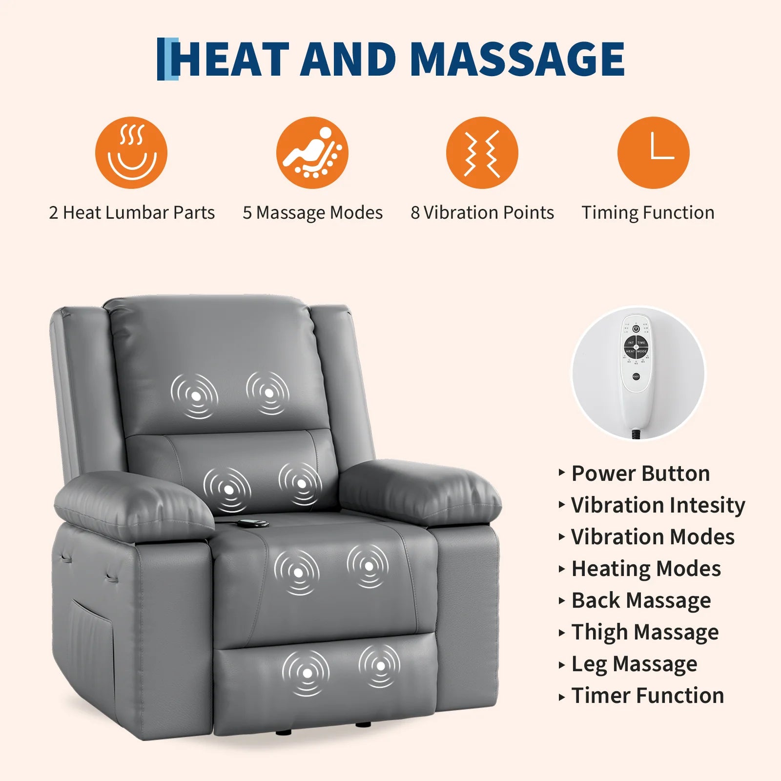 Garvee Electric Power Lift Riser Recliner Chair for Elderly Massage & Heat Vibration Sofa with USB Port and Cup Holders Grey PU Leather