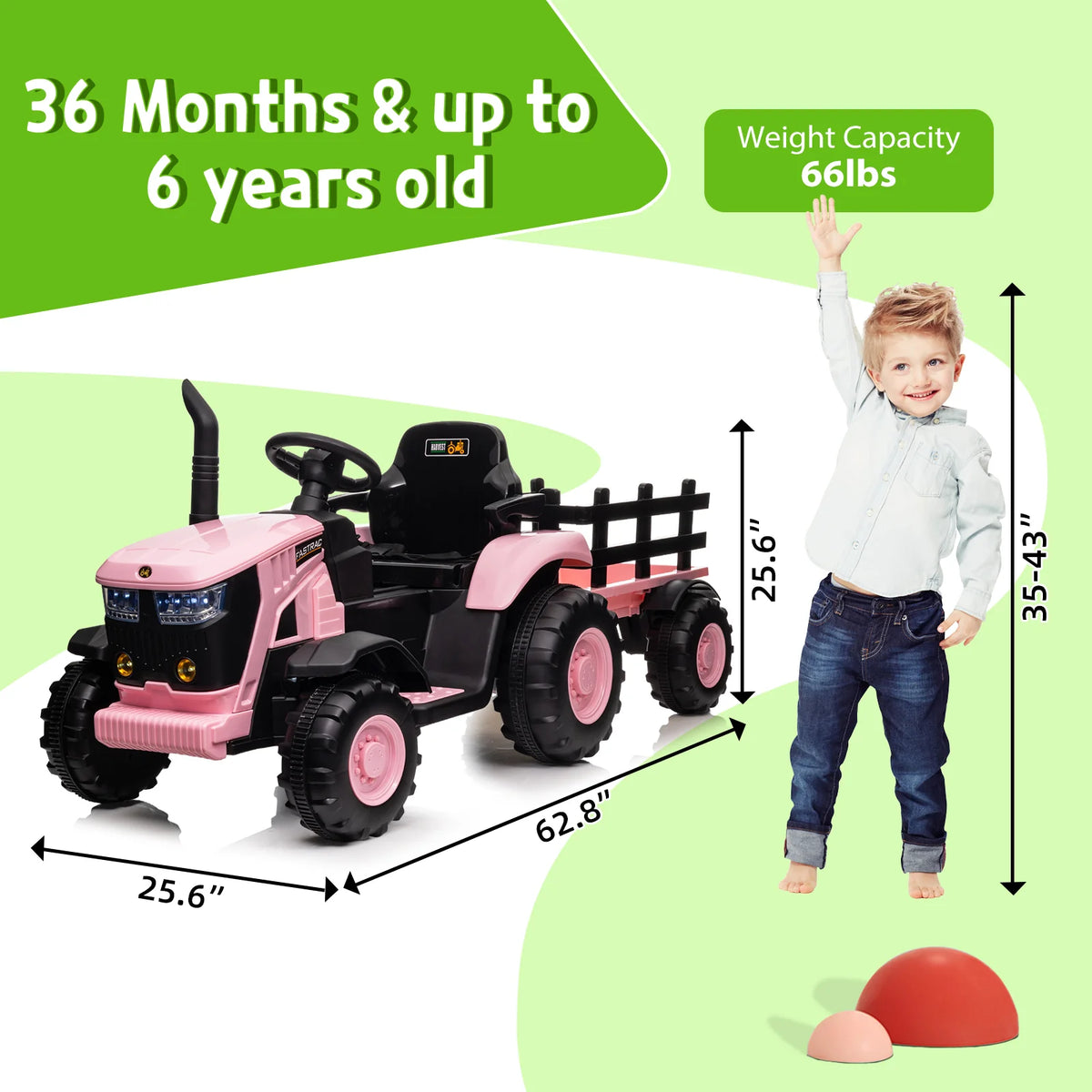 Garvee 12V Kids Ride-On Electric Tractor with Detachable Trailer, Pink – Dual 35W Motors, Parent Remote Control & Bluetooth Music, 159 x 65 x 55 cm