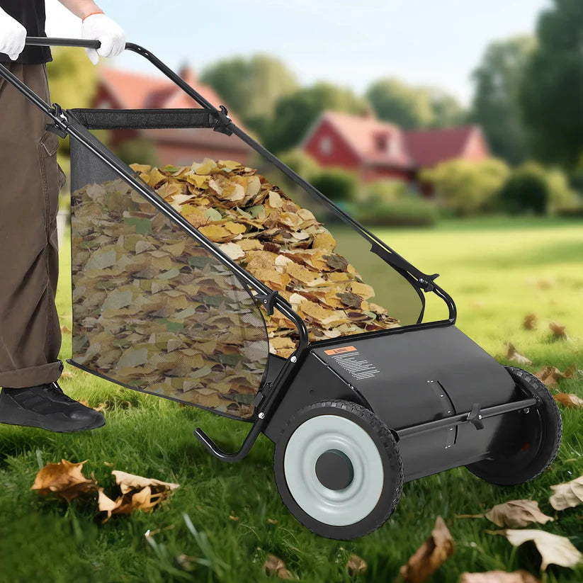 Garvee 26 Inch Manual Lawn Sweeper Large Capacity Leaf and Grass Collector with Adjustable Brush Height for Garden and Driveway Care Black