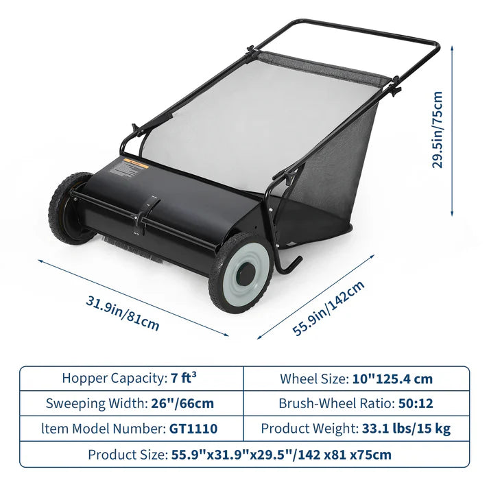 Garvee 26 Inch Manual Lawn Sweeper Large Capacity Leaf and Grass Collector with Adjustable Brush Height for Garden and Driveway Care Black