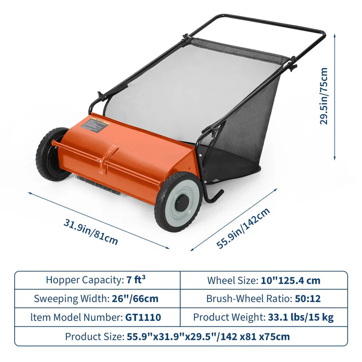 Garvee 26 Inch Manual Lawn Sweeper Large Capacity Leaf and Grass Collector with Adjustable Brush Height for Garden and Driveway Care Orange