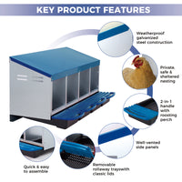 Garvee Chicken Nesting Boxes 4 Hole Metal Wall Mount Roll Away Nest With Removable Trays For Chicken Coop, Durable Galvanized Steel, Ventilated, Easy Egg Collection,Blue
