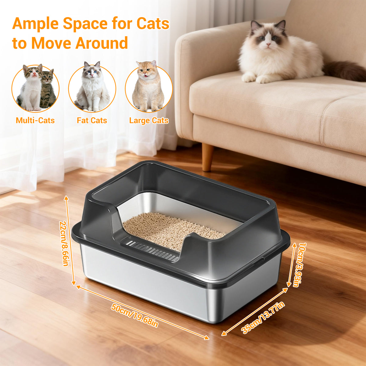 Garvee Stainless Steel Cat Litter Box Transparent Black 50 x 35 x 22 cm Open Top High Sided Litter Tray with Scoop