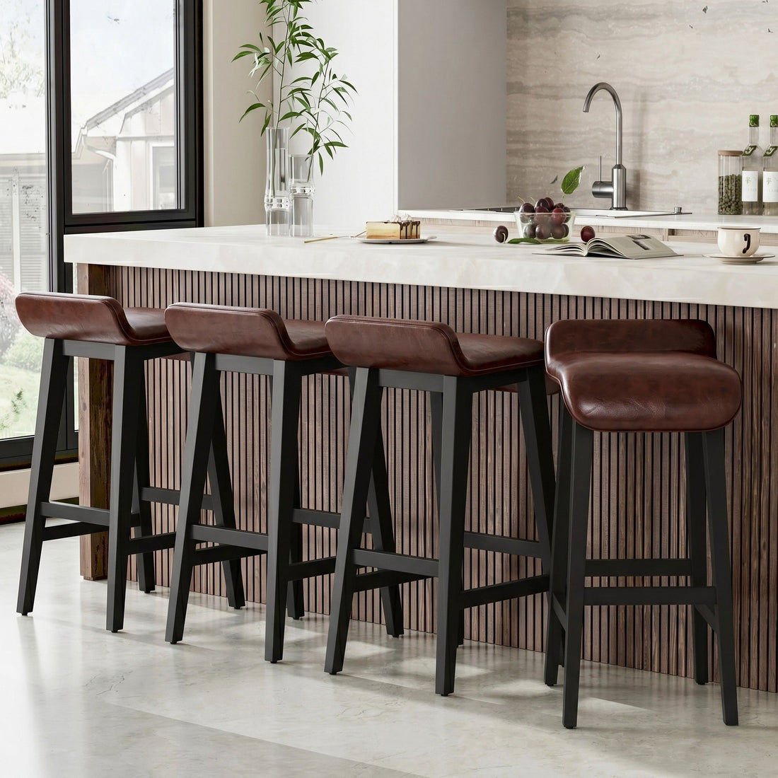 Garvee 66cm(26.2") Counter Height Bar Stools Set of 4 with Upholstered Low Back and Footrest, Wood Legs, Modern Kitchen and Dining Room, Dark Brown