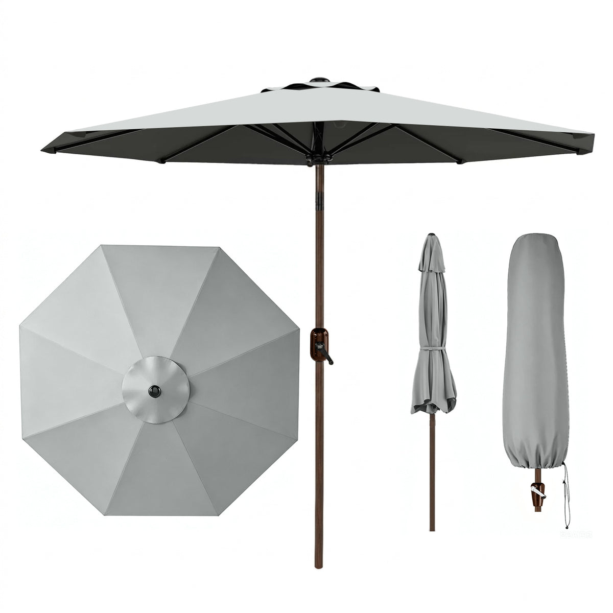 Garvee Grey Outdoor Garden Parasol UV Resistant Sun Shade Umbrella with Crank Handle and Adjustable Tilt for Outdoor Patio