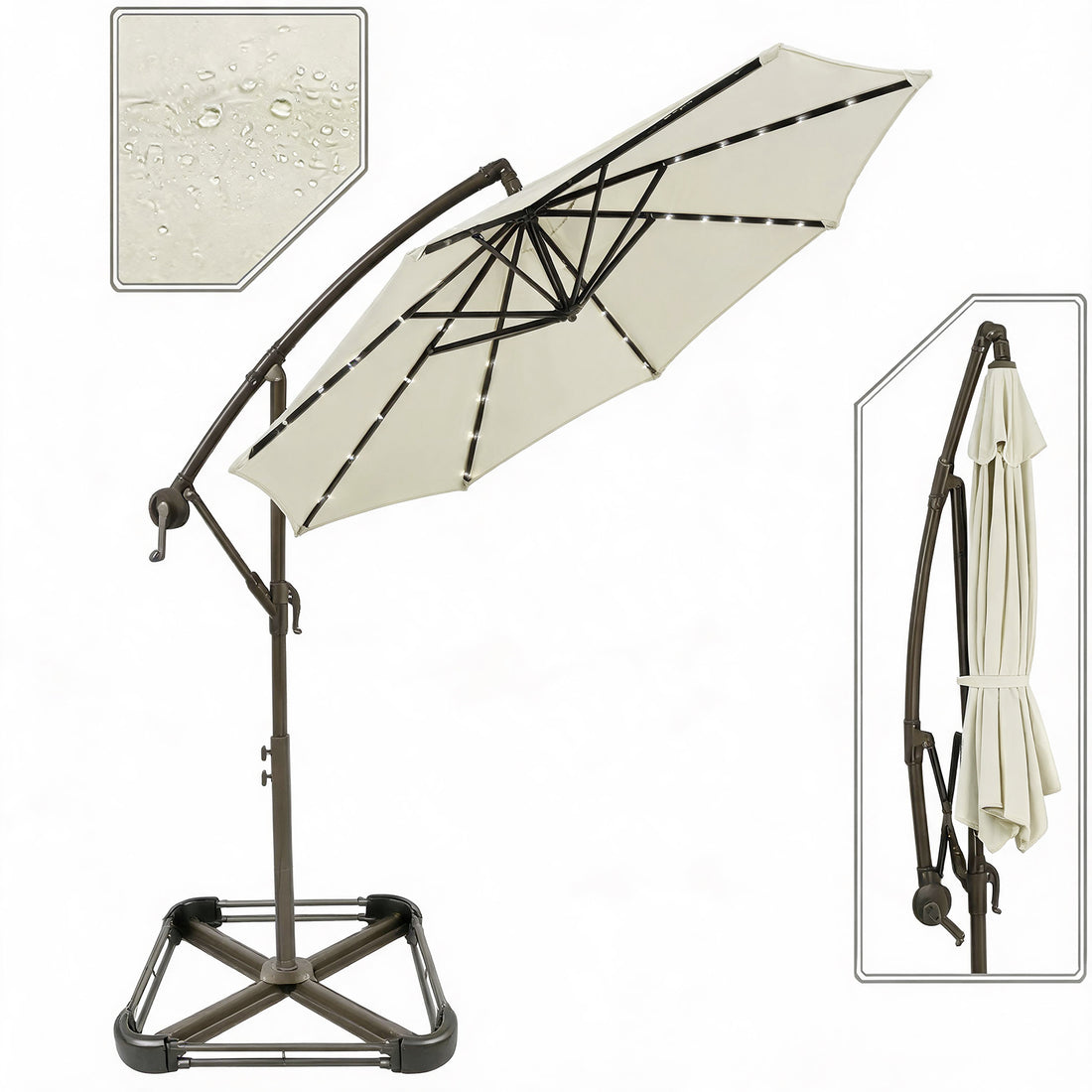 Garvee 300 cm Cantilever Garden Parasol with Base 40 Solar LED Lights UPF 50 Plus UV Protection Waterproof Canopy 8 Wind Resistant Ribs Crank Handle and Tilt Function for Patio Decking and Pool,Off White