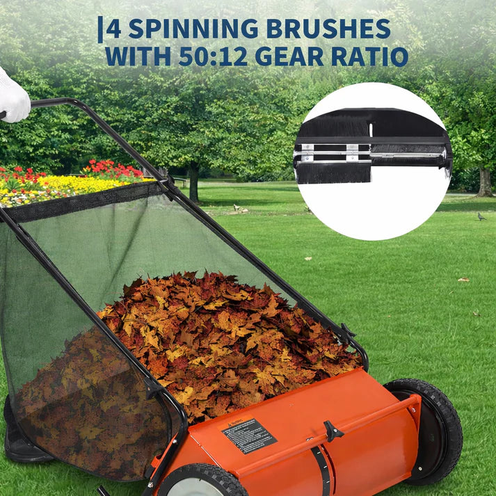Garvee Push Lawn Sweeper 21-Inch Width Enhanced 4-Brush System Heavy Duty Steel Frame Orange for Yard and Garden Cleanup