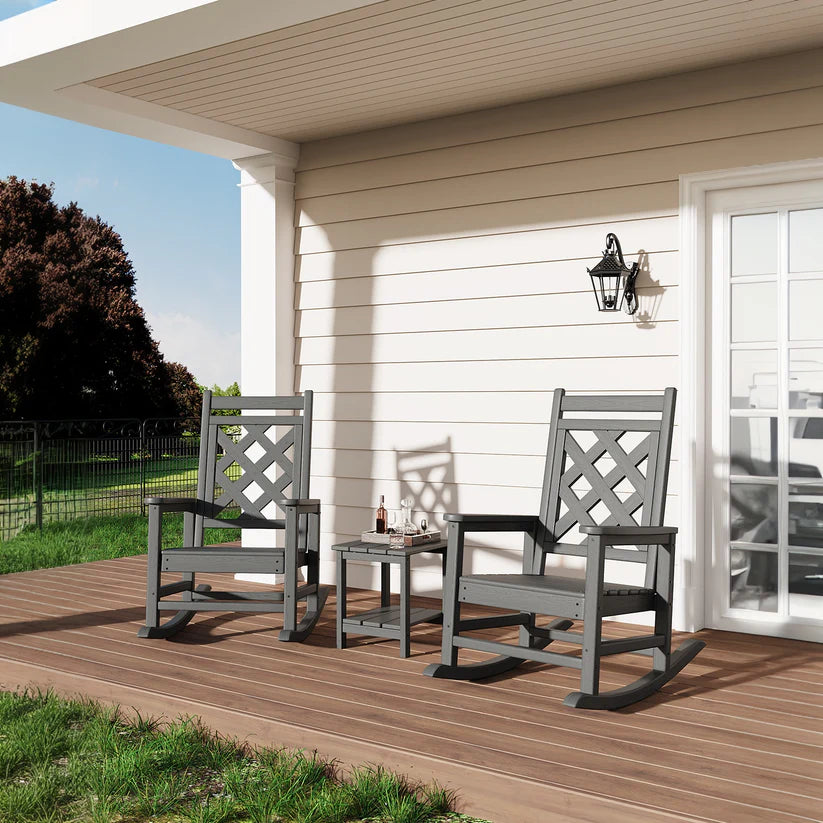 Garvee Oversized Rocking Chair Outdoor HDPE Adirondack Rocking Chair with Wood Texture for Deck Patio Pool Backyard Gray