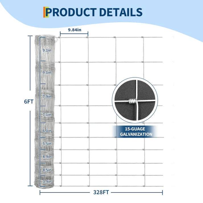 Garvee 6ft x 328ft Cattle Fence Heavy Duty Galvanized Wire Fencing for Hog Goat Sheep Deer Yard Protection