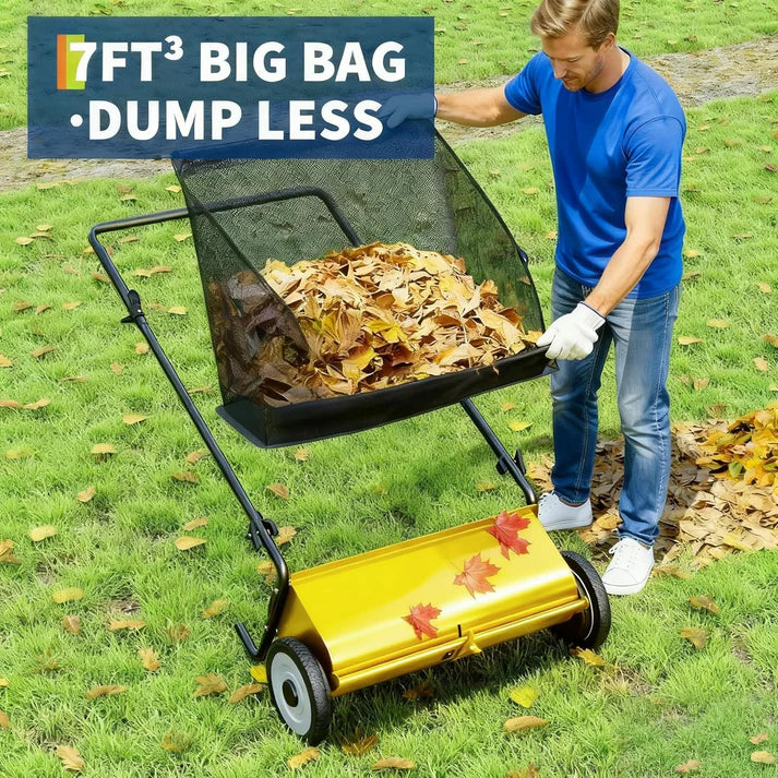 Garvee Push Lawn Sweeper 21-Inch Width 4-Brush System Yard Garden Cleanup Yellow Heavy Duty Steel Frame