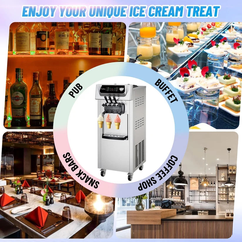 Garvee Commercial Soft Ice Cream Machine 3 Flavours Clean LED Panel Perfect for Restaurants Snack Bars Supermarkets 2200W Silver Freestanding (Without Pre-Chill)