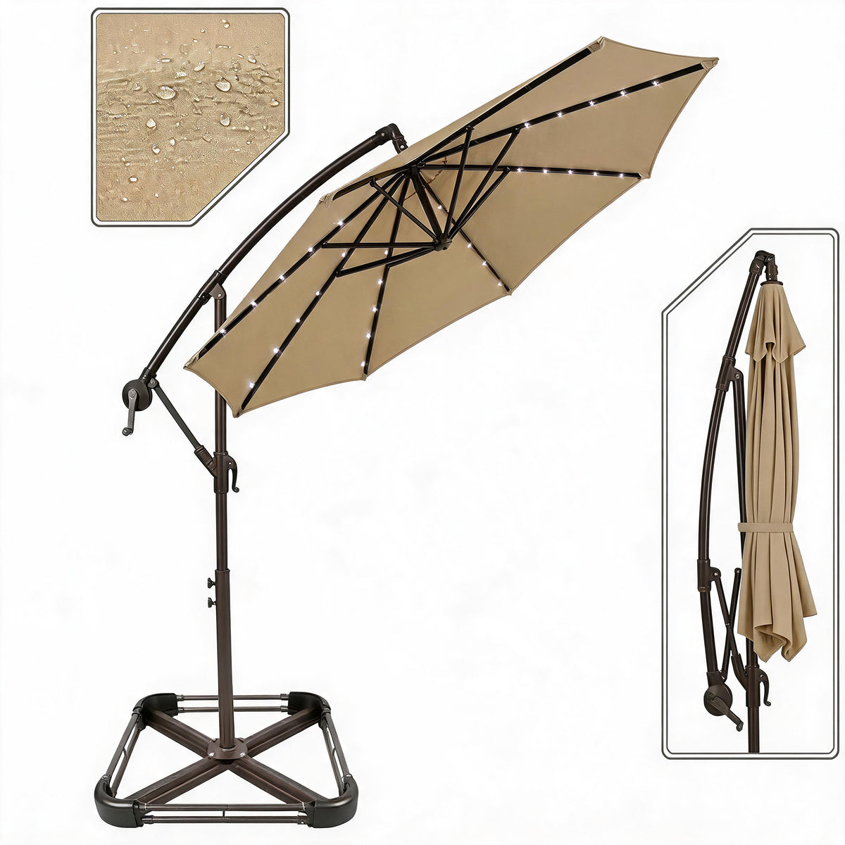 Garvee 300 cm Cantilever Garden Parasol with Base 40 Solar LED Lights UPF 50 Plus UV Protection Waterproof Canopy 8 Wind Resistant Ribs Crank Handle and Tilt Function for Patio Decking and Pool,Khaki