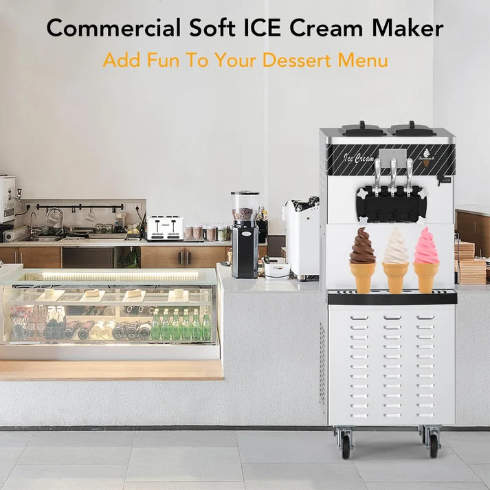 Garvee 3 Flavor Soft Serve Ice Cream Maker 2450W 20-30L/H Yield 14L Hopper Smart LED Controls Self-Clean Mobile for Snack Bars Supermarkets (Pre-Chill, 304 Steel)