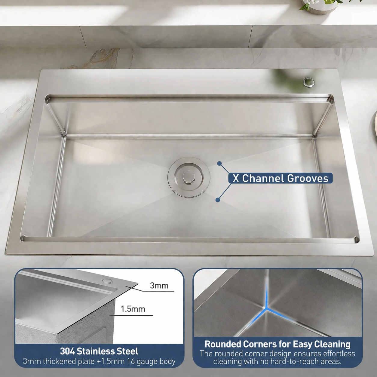 Garvee Drop In Kitchen Sink Stainless Steel Single Bowl Topmount 64×56×23 cm Silver With Drain Assembly And Mounting Clips For Home Kitchen