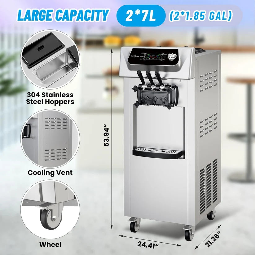 Garvee Commercial Soft Ice Cream Machine 3 Flavours Clean LED Panel Perfect for Restaurants Snack Bars Supermarkets 2200W Silver Freestanding (Without Pre-Chill)