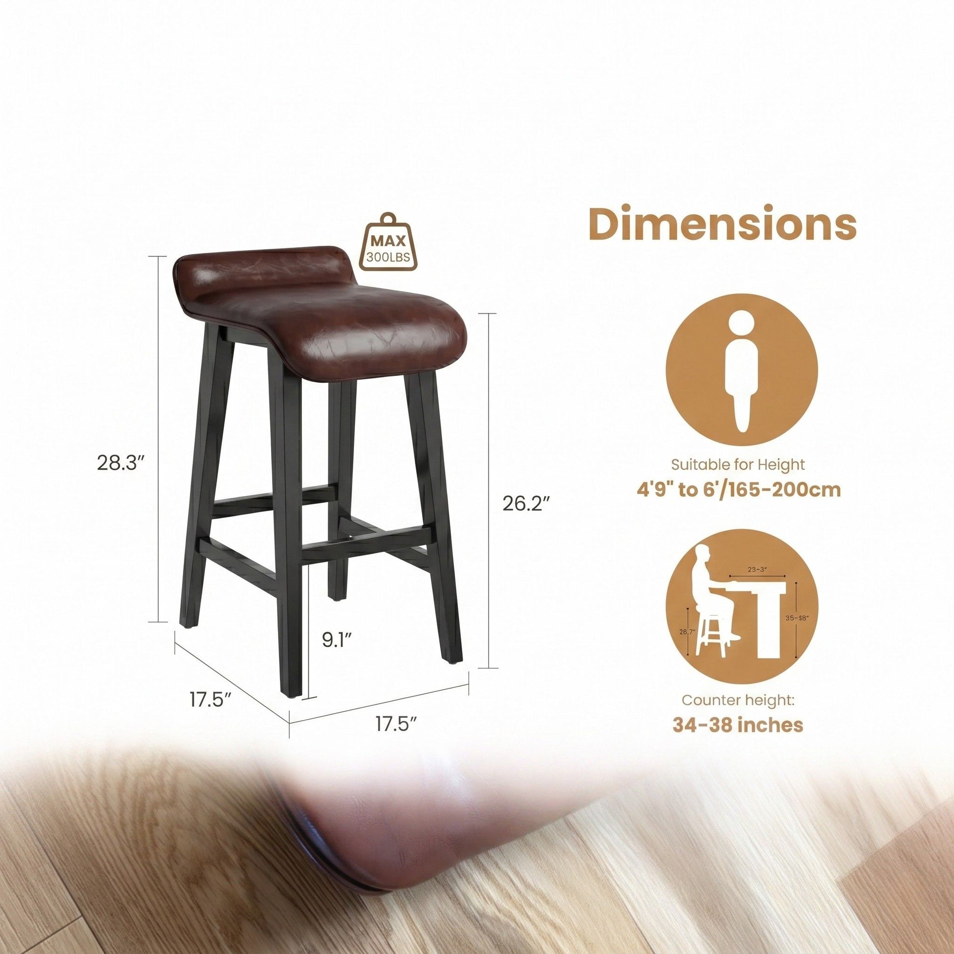Garvee 66cm(26.2") Counter Height Bar Stools Set of 4 with Upholstered Low Back and Footrest, Wood Legs, Modern Kitchen and Dining Room, Dark Brown