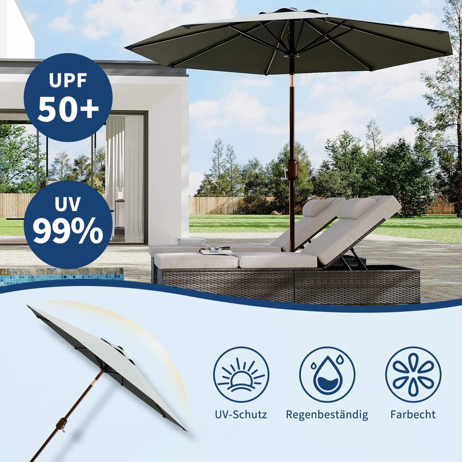 Garvee Grey Outdoor Garden Parasol UV Resistant Sun Shade Umbrella with Crank Handle and Adjustable Tilt for Outdoor Patio