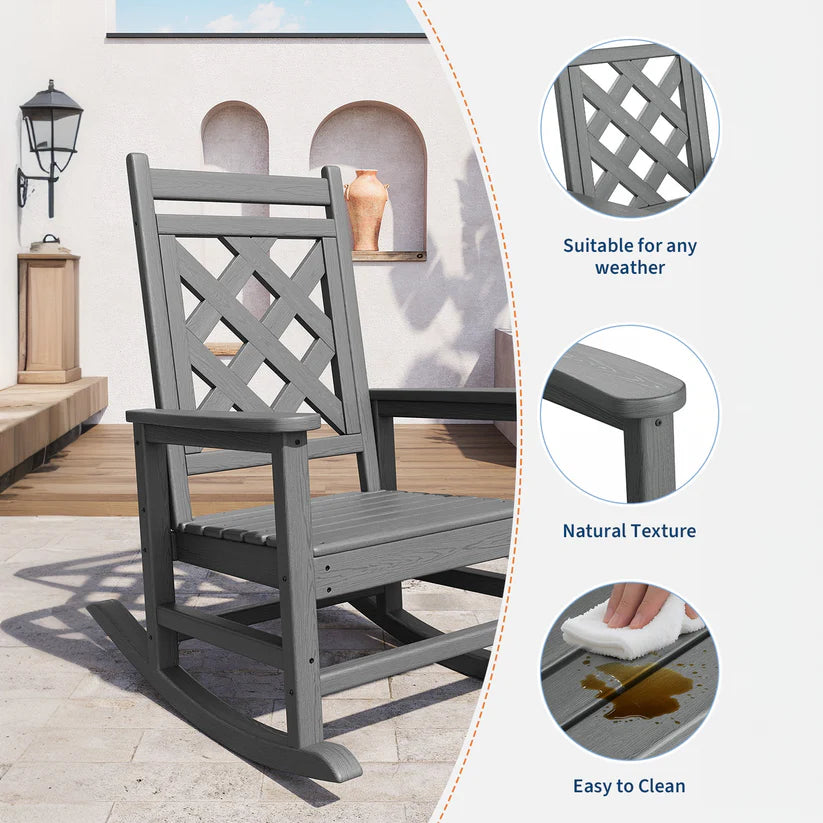 Garvee Oversized Rocking Chair Outdoor HDPE Adirondack Rocking Chair with Wood Texture for Deck Patio Pool Backyard Gray