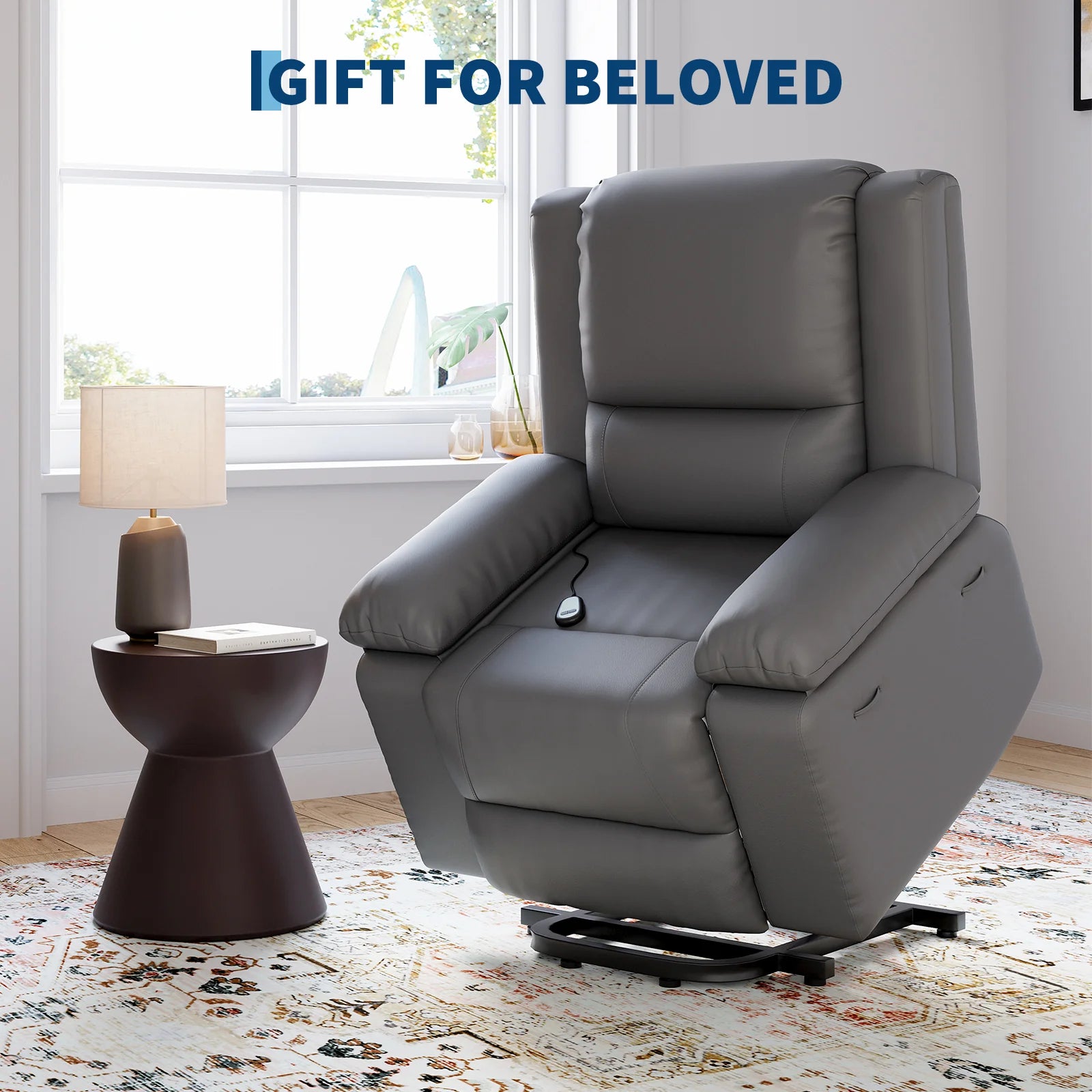 Garvee Electric Power Lift Riser Recliner Chair for Elderly Massage & Heat Vibration Sofa with USB Port and Cup Holders Grey PU Leather