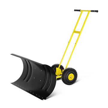 Garvee 29" Heavy-Duty Steel Snow Pusher with Wheels, Adjustable Blade & Handle, Yellow, Efficient Snow Removal Tool