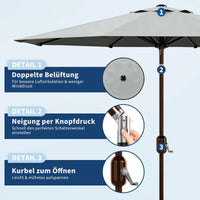 Garvee Grey Outdoor Garden Parasol UV Resistant Sun Shade Umbrella with Crank Handle and Adjustable Tilt for Outdoor Patio