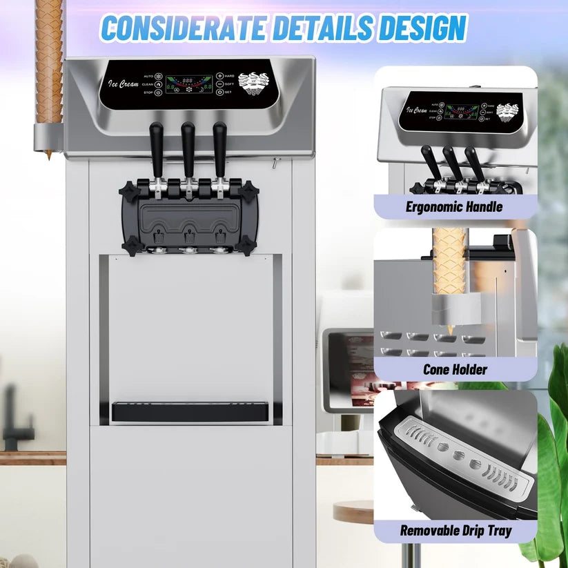 Garvee Commercial Soft Ice Cream Machine 3 Flavours Clean LED Panel Perfect for Restaurants Snack Bars Supermarkets 2200W Silver Freestanding (Without Pre-Chill)