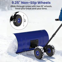 Garvee 29 Inch Snow Pusher with Wheels Rolling Snow Shovel Heavy Duty Steel Blade Adjustable Handle for Garden Paths and Driveways Black