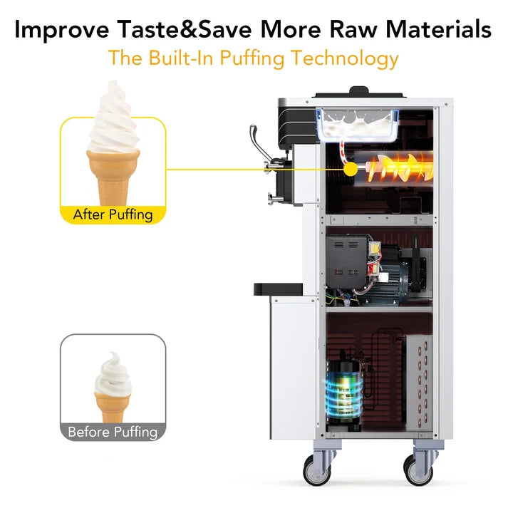 Garvee 3 Flavor Soft Serve Ice Cream Maker 2450W 20-30L/H Yield 14L Hopper Smart LED Controls Self-Clean Mobile for Snack Bars Supermarkets (Pre-Chill, 304 Steel)