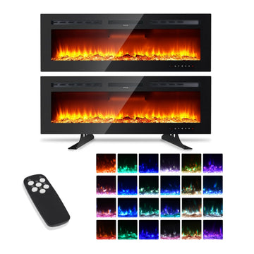 Garvee 60 Inch Electric Fireplace Recessed Media Wall Fire with Remote Control Adjustable LED Flame Colours and Heater Black Glass