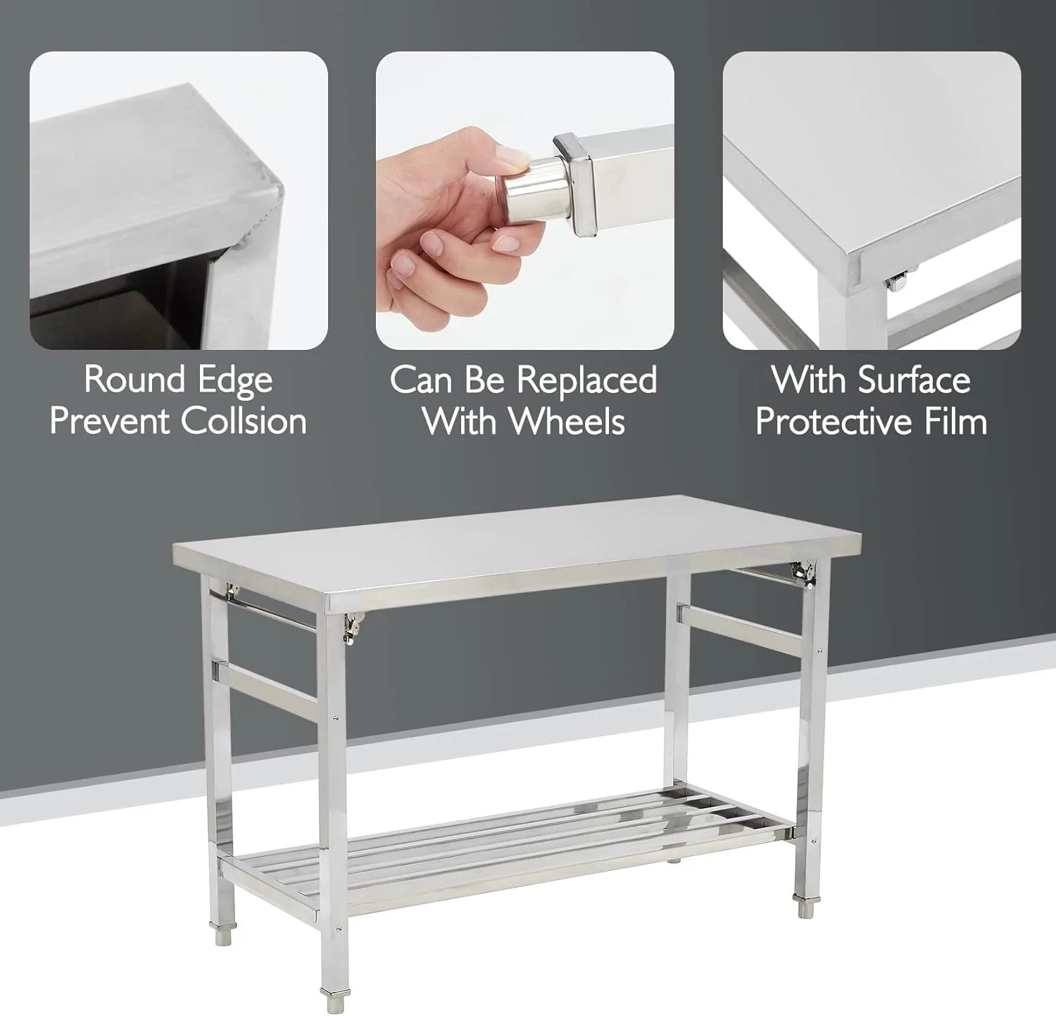 Garvee Stainless Steel Table 91.5x61 cm Heavy Duty Commercial Kitchen Prep Table with Adjustable Undershelf and Bullet Feet for Restaurant Home and Garage Silver