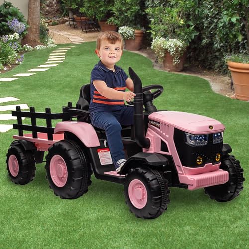 Garvee 12V Kids Ride-On Electric Tractor with Detachable Trailer, Pink – Dual 35W Motors, Parent Remote Control & Bluetooth Music, 159 x 65 x 55 cm
