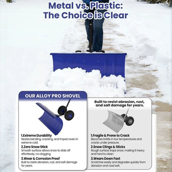 Garvee 29 Inch Snow Pusher with Wheels Rolling Snow Shovel Heavy Duty Steel Blade Adjustable Handle for Garden Paths and Driveways Black