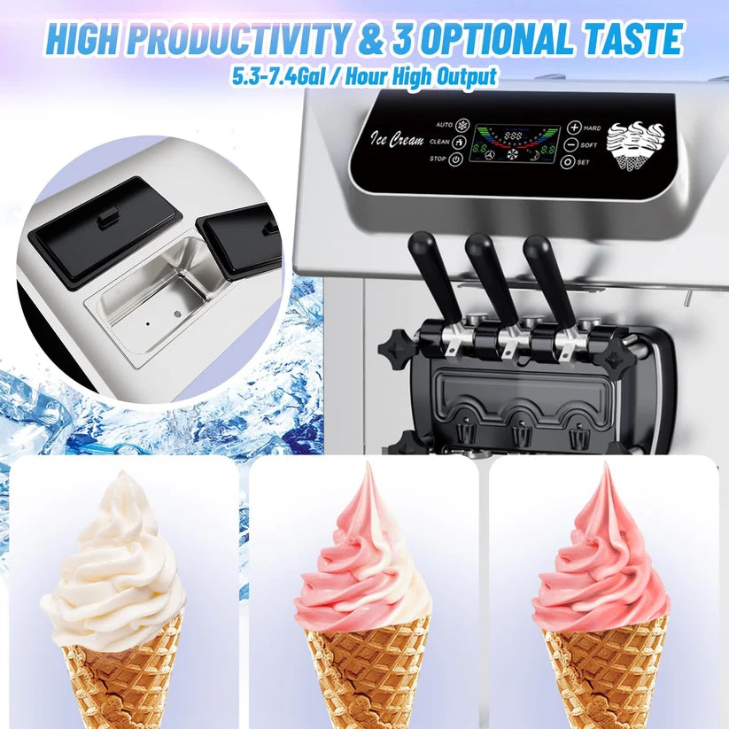 Garvee Commercial Soft Ice Cream Machine 3 Flavours Clean LED Panel Perfect for Restaurants Snack Bars Supermarkets 2200W Silver Freestanding (Without Pre-Chill)