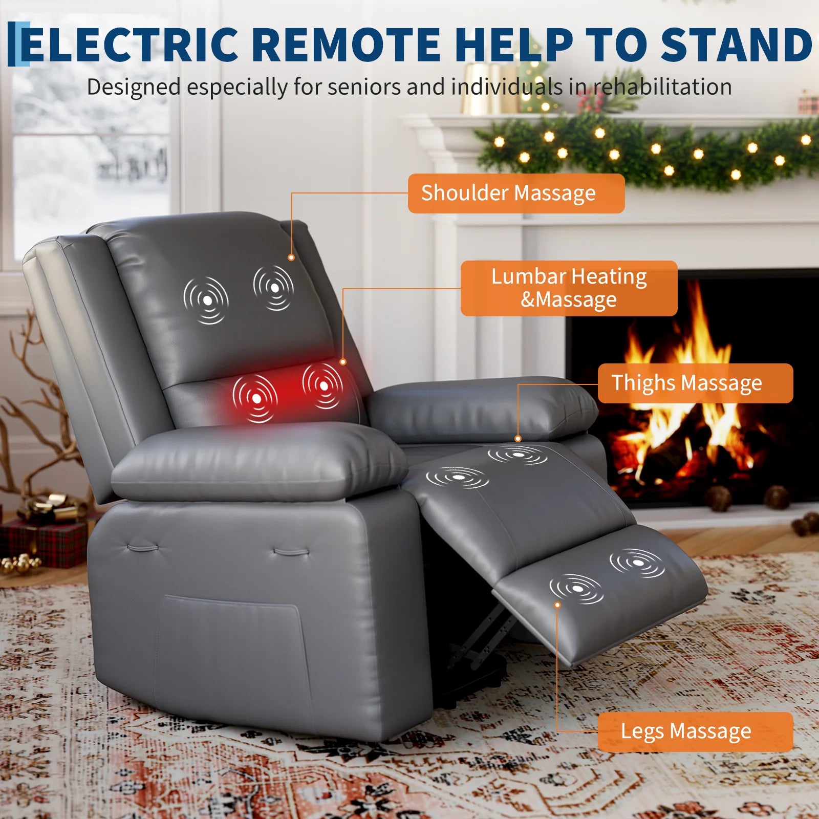 Garvee Electric Power Lift Riser Recliner Chair for Elderly Massage & Heat Vibration Sofa with USB Port and Cup Holders Grey PU Leather