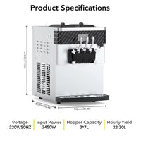 Garvee 2200W Commercial Soft Serve Ice Cream Machine, 8Gal/H High Output, 3-Flavor Mix & Auto-Clean for Cafes (14L Tank, Pre-Chill, 304 Steel)