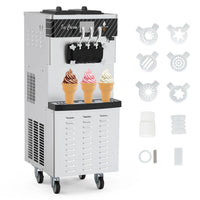 Garvee 3 Flavor Soft Serve Ice Cream Maker 2450W 20-30L/H Yield 14L Hopper Smart LED Controls Self-Clean Mobile for Snack Bars Supermarkets (Pre-Chill, 304 Steel)