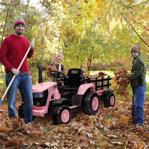 Garvee 12V Kids Ride-On Electric Tractor with Detachable Trailer, Pink – Dual 35W Motors, Parent Remote Control & Bluetooth Music, 159 x 65 x 55 cm