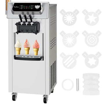 Garvee Commercial Soft Ice Cream Machine 3 Flavours Clean LED Panel Perfect for Restaurants Snack Bars Supermarkets 2200W Silver Freestanding (Without Pre-Chill)