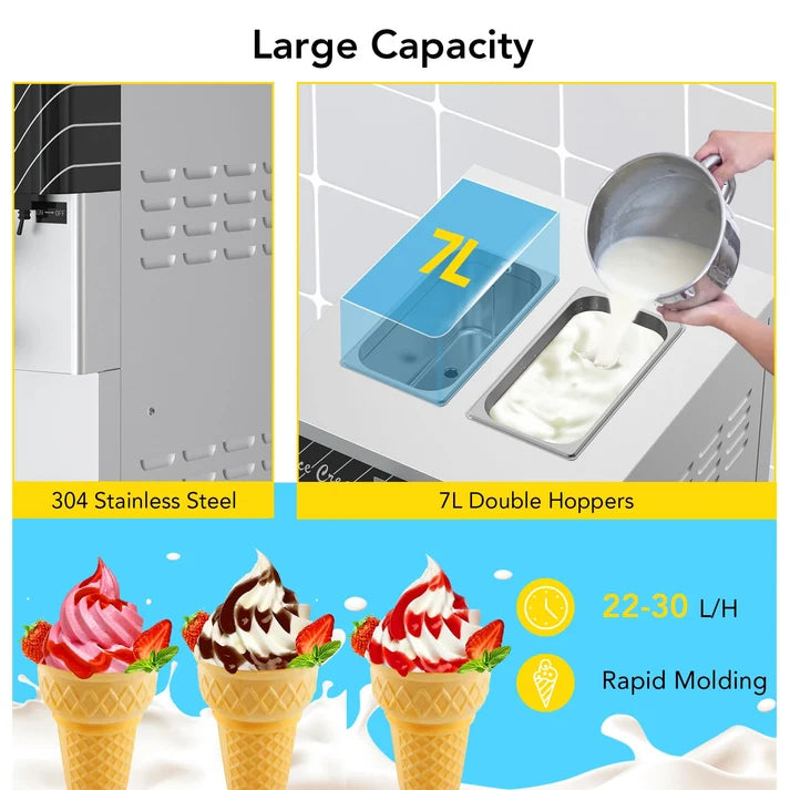 Garvee 3 Flavor Soft Serve Ice Cream Maker 2450W 20-30L/H Yield 14L Hopper Smart LED Controls Self-Clean Mobile for Snack Bars Supermarkets (Pre-Chill, 304 Steel)