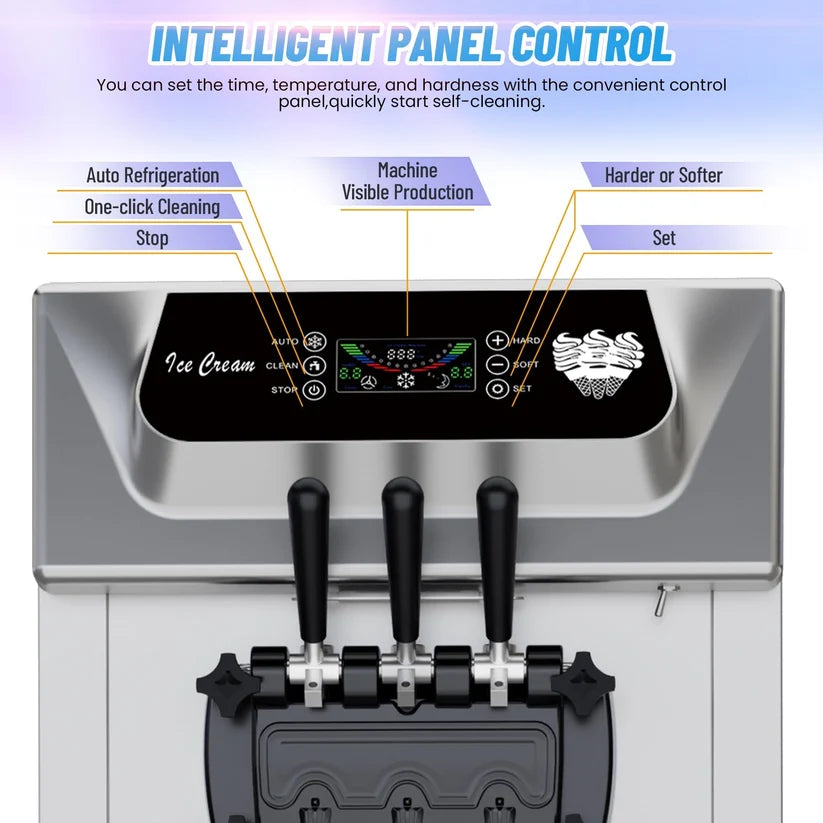 Garvee Commercial Soft Ice Cream Machine 3 Flavours Clean LED Panel Perfect for Restaurants Snack Bars Supermarkets 2200W Silver Freestanding (Without Pre-Chill)