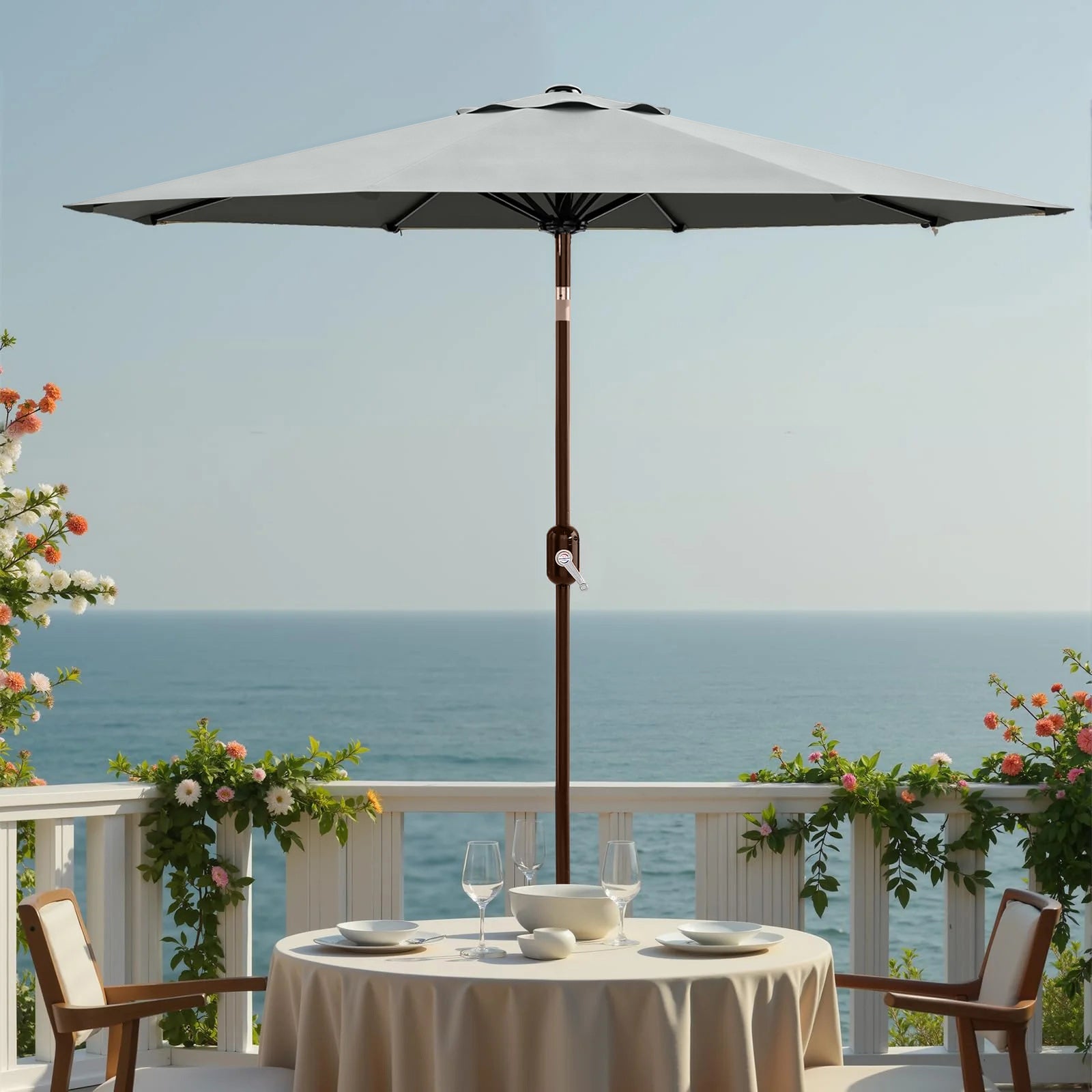Garvee Grey Outdoor Garden Parasol UV Resistant Sun Shade Umbrella with Crank Handle and Adjustable Tilt for Outdoor Patio