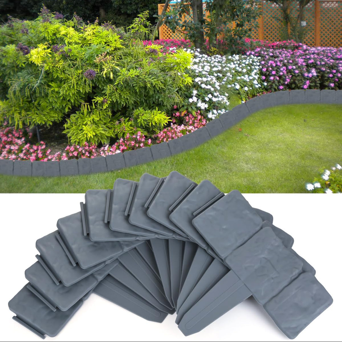 Garvee 10pcs Garden Landscape Edging Border Grey Plastic Interlocking Picket Fence Decorative Flower Bed Path Edging for Outdoor Lawn and Patio