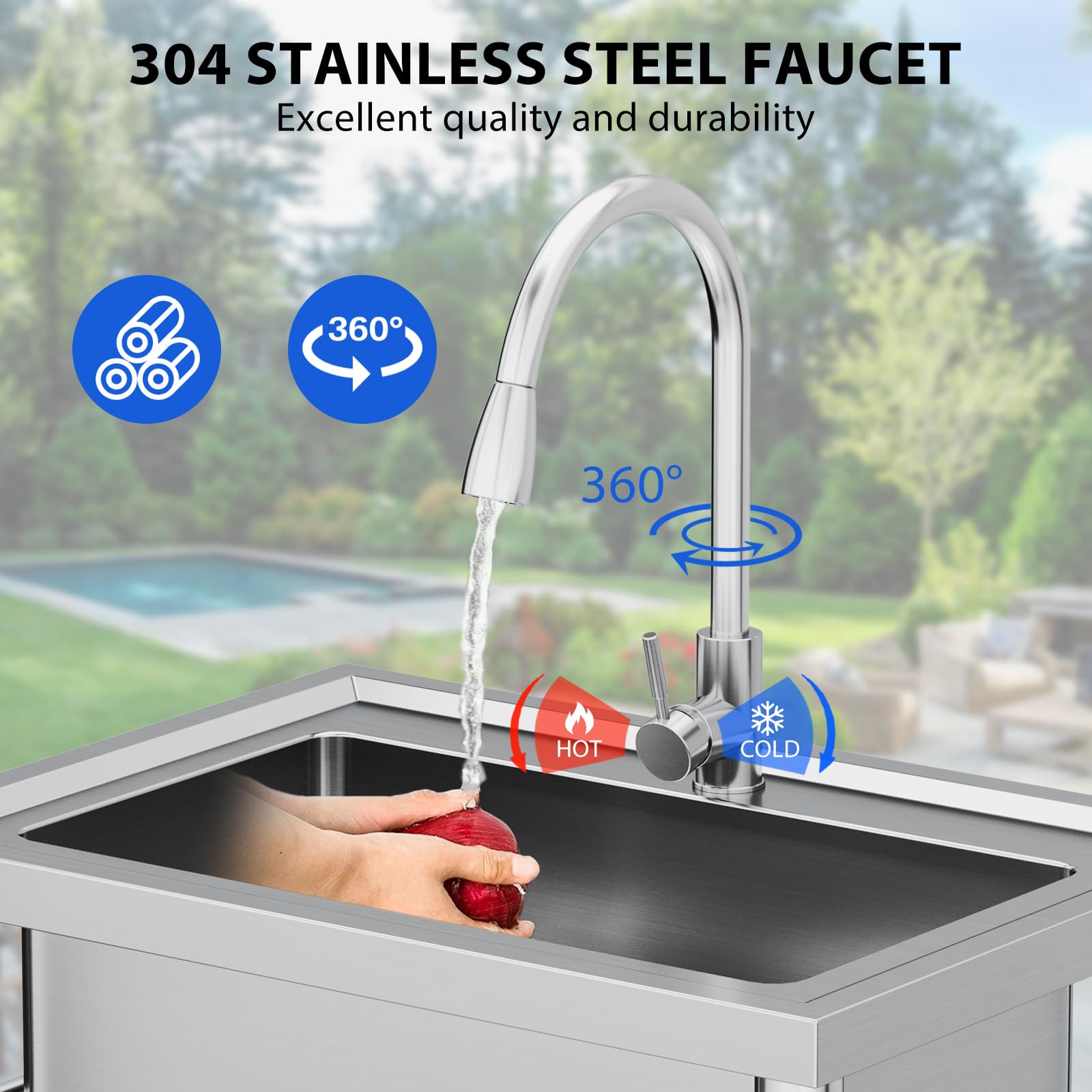 Garvee Silver Stainless Steel Freestanding Single Bowl Utility Sink 71 x 51 x 86 cm Commercial Catering Kitchen Basin with 360 Degree Swivel Tap and Adjustable Legs