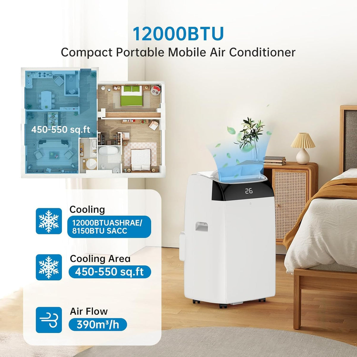 Garvee 12000 BTU Portable Air Conditioner 3-in-1 Cooling Dehumidifier and Fan Unit 45.3x39.7x86 cm White