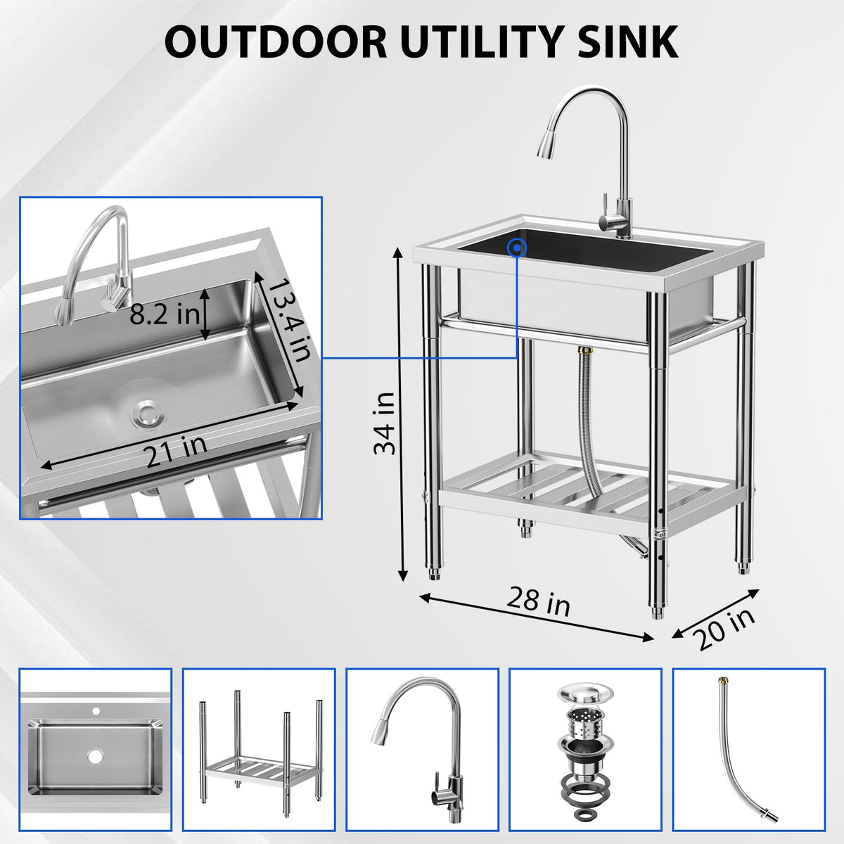 Garvee Silver Stainless Steel Freestanding Single Bowl Utility Sink 71 x 51 x 86 cm Commercial Catering Kitchen Basin with 360 Degree Swivel Tap and Adjustable Legs