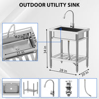 Garvee Silver Stainless Steel Freestanding Single Bowl Utility Sink 71 x 51 x 86 cm Commercial Catering Kitchen Basin with 360 Degree Swivel Tap and Adjustable Legs