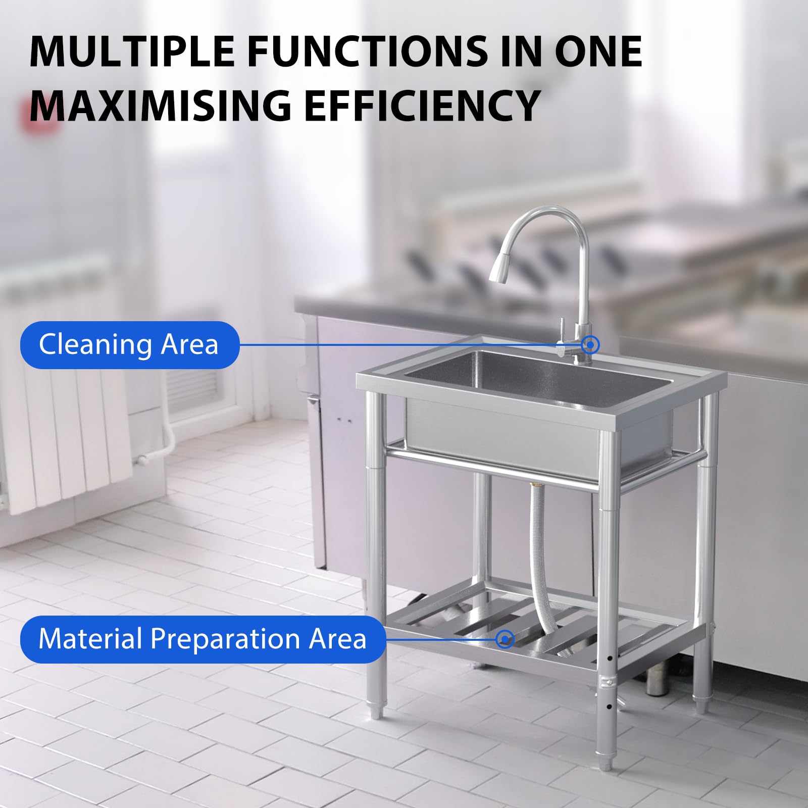 Garvee Silver Stainless Steel Freestanding Single Bowl Utility Sink 71 x 51 x 86 cm Commercial Catering Kitchen Basin with 360 Degree Swivel Tap and Adjustable Legs
