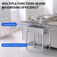 Garvee Silver Stainless Steel Freestanding Single Bowl Utility Sink 71 x 51 x 86 cm Commercial Catering Kitchen Basin with 360 Degree Swivel Tap and Adjustable Legs