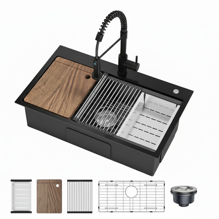 Garvee Drop In Kitchen Sink With Pull Down Spring Faucet, 76×46×23 cm Stainless Steel Single Bowl Workstation Sink, Black, Kitchen Accessories Included